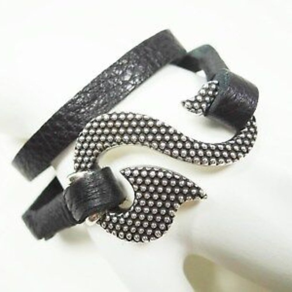 KING BABY Versatile Black Leather Sterling Silver Tribal Hook Bracelet/Necklace